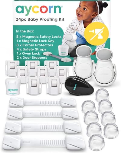 AYCORN 24-delige Baby Veiligheid Kit - De Ultieme Babyset - Kinderslot Kastjes, Kastvergrendelingen, Hoekbeschermers, Veiligheidsriempjes, Ovenslot, Deurslot, Deurstopper & Sleutels - Essentiële Baby Bescherming