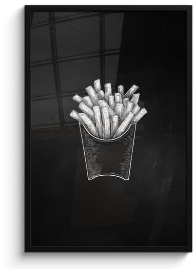 Poster in lijst - Fotolijst 60x90 cm - Posters - Friet - Witte krijttekening - Zwart - Posterlijst zwart - Decoratie - Wanddecoratie woonkamer - Muurdecoratie slaapkamer