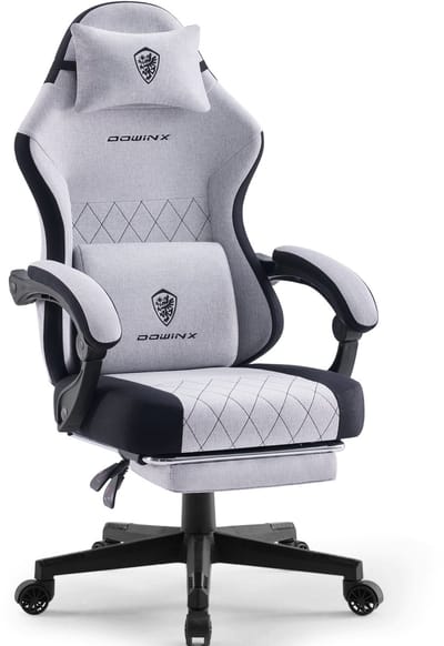 Dowinx Gamingstoel van Stof - Ergonomische Bureaustoel met Pocketvering - Massage Lendenkussen - Voetensteun - Verstelbare Rugleuning - 135 kg-Grijs