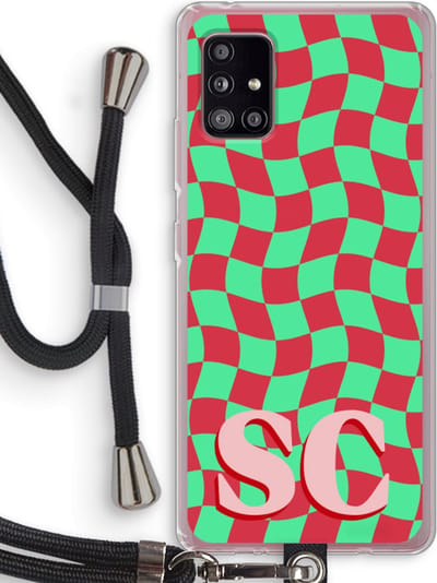 Gepersonaliseerd - Case Company® - Hoesje met koord geschikt voor Samsung Galaxy A51 5G hoesje met Koord - Grid Monogram - Telefoonhoesje met Zwart Koord - Bescherming aan alle Kanten en Over de Schermrand