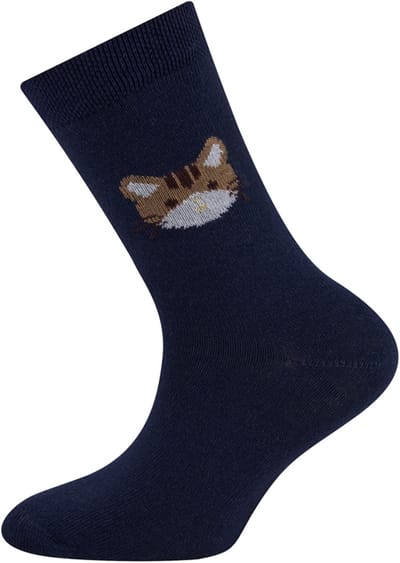 Sokken Ewers Kindermaat - Donkerblauw met Poezenhoofd Bruin-23/26