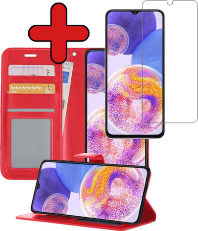 Hoesje - Met Screenprotector - Geschikt voor Samsung Galaxy A23 - Luxe Pasjeshouder - Flipcase - Bookcase Portemonee - Flip Case - Kunstleer Book Case - Book Cover - Walletcase - Portemonneehoes - Telefoonhoes - Rood