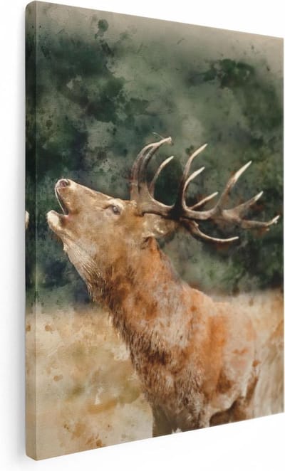 Artaza Canvas Schilderij Hertenkop Met Gewei - 30x40 cm - Klein - Wanddecoratie Woonkamer - Muurdecoratie Hert - Kamer Accessoires