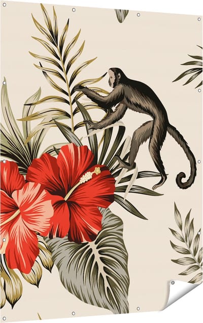 Gards Tuinposter Tropische Bloemen met Apen Achtergrond - 120x160 cm - Tuindoek - Tuindecoratie - Wanddecoratie buiten - Tuinschilderij