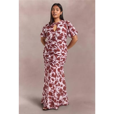 boohoo Dames Plus Bloemenprint Pofmouw Sleutelgat Detail Gerimpelde Taille Maxi Jurk | Mauve | Maat: 44