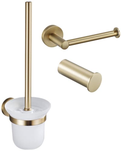 FugaFlow Eccelente Acces Toiletset 3-delig - toiletrolhouder zonder klep - toiletborstel - handdoekhaak enkel rond - Geborsteld Messing PVD (Goud)