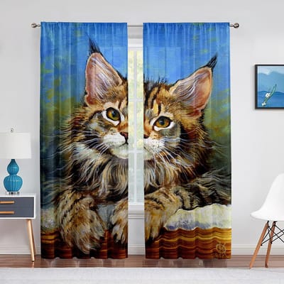 Schattige Kat Aquarel Schilderij Kunst Bloemen Transparante Voile Gordijnen voor Slaapkamer Keuken Tule Raamgordijnen voor Woonkamer Gordijnen 1 PCS W100XH250cm&Grommet Top