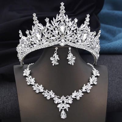 3-delige set paarse tiara's en kronen kostuum sieradenset voor bruidskroon sieradensets vrouwen feest bruiloft kroon ketting set gray
