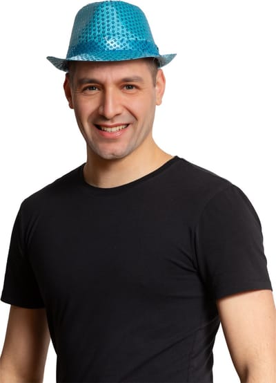Partychimp Glitter Pailletten Hoed Turquoise voor bij Carnavalskleding Heren Carnavalskleding Dames Carnaval Accessoires Verkleedaccessoires Foute Party Neon Party Trilby Hoedje Pride - Polyester - Turquoise