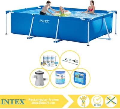 Intex Rechthoekig Frame Zwembad - 300 x 200 x 75 cm - Blauw - Inclusief Onderhoudspakket - Zwembadfilterpomp - Filter - Stofzuiger - Vloertegels - 6-delig