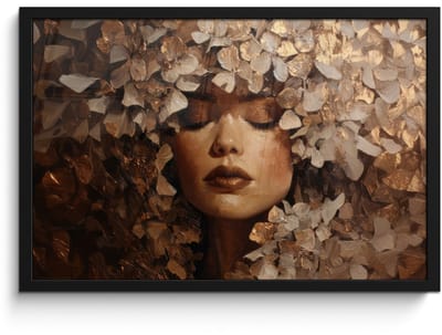 Poster in lijst - Fotolijst 60x40 cm - Posters - Gezicht - Vrouwe - Bladeren - Penseelstreken - Posterlijst zwart - Decoratie - Wanddecoratie woonkamer - Muurdecoratie slaapkamer