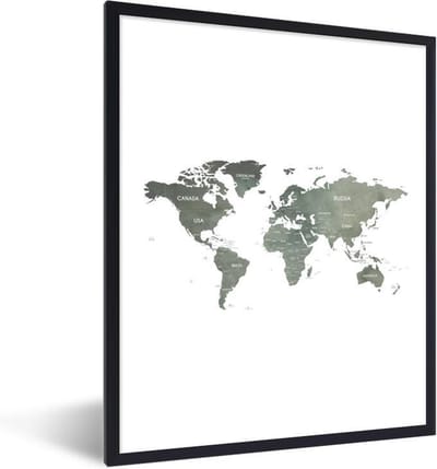 Poster in lijst - Fotolijst 60x80 cm - Posters - Wereldkaart - Groen - Landen - Posterlijst zwart - Decoratie - Wanddecoratie woonkamer - Muurdecoratie slaapkamer