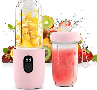 Draagbare blender, draagbare elektrische sap pers met digitaal display, 1500 mAh batterij, draadloos te gebruiken, snijkop met 16 roestvrijstalen messen - Roze