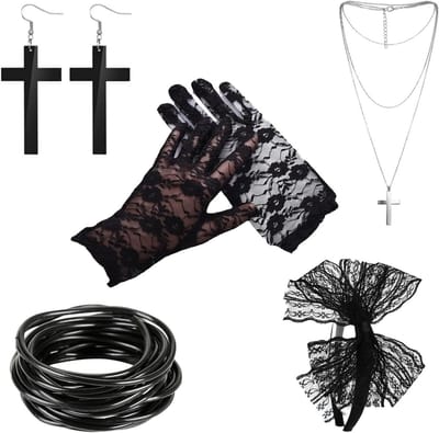 Vijfdelige set met 80s accessoires voor dames - Vintage kostuumaccessoires, haarband, oorbellen, visnet handschoenen en retro sieraden voor feesten