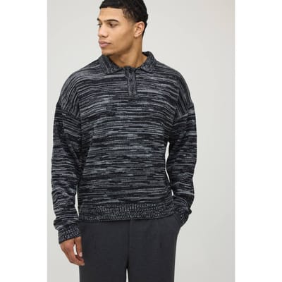Ontspannen Boxy Gemêleerde Gebreide Polo | Black | Size XS