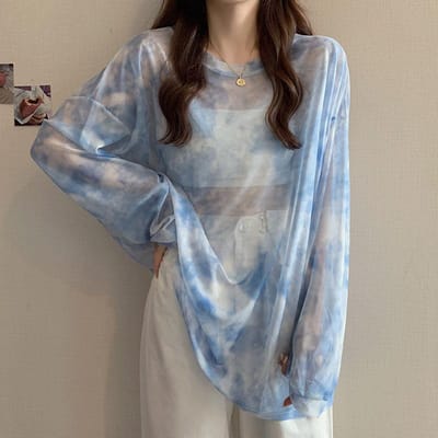 Haut à Manches Longues en Maille Tie-dye Protection Solaire pour Femmes Été Lâche Soie Glacée Fin Transparent Haut pour Blouse Vêtements pour Femmes one size bleu