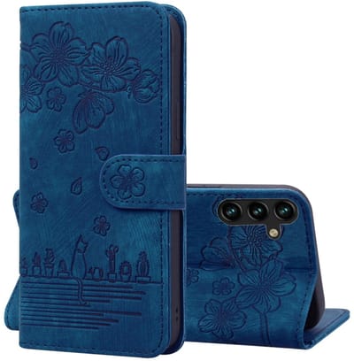 BookCover Hoes Etui geschikt voor Samsung Galaxy S26 - Blauw - Bloemen Kat - Reliëf