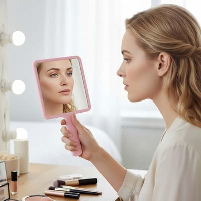 Professionele Handspiegel voor Make-up en Haarstyling - Vierkante Douche- en Scheerspiegel in Roze, Geschikt voor DIY Gebruik