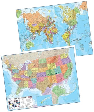 Gelamineerde Kaartenset - Wereldkaart USA - Wanddecoratie Leren - Gedetailleerde Cartografie - 43 x 55 cm - Multicolor