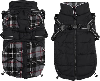 Fleece hondenkostuum met harnas, gewatteerd snowsuit voor kleine en middelgrote honden, ideaal voor Halloween en kerst - Zwart - Maat M