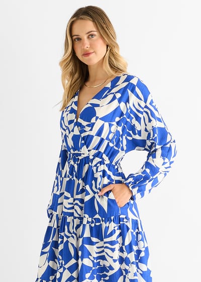 Blauwe Abstracte Wikkel Elastische Taille Midaxi Dress