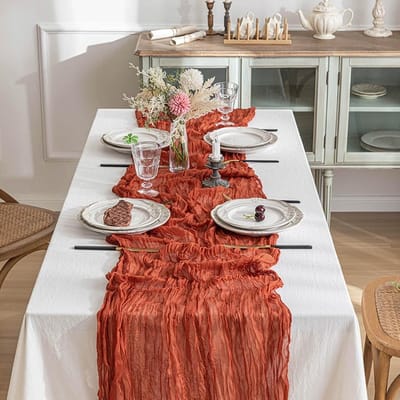 Dailygoods- Kaasdoek Premium Set - 2-delige Tafellopers - Katoenen Gaas 90x180 cm - Rustiek Terracotta - Herbruikbaar & Lichtecht - Boho Sfeer - Tafelloper