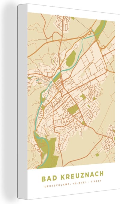 Canvas Schilderij Kaart - Vintage - Stadskaart - Bad Kreuznach - Plattegrond - 20x30 cm - Wanddecoratie