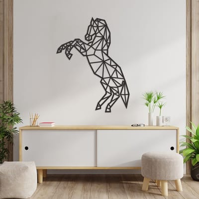 Geometrische Wanddecoratie Paard - Geometrische Muurdecoratie Paard - Geometrisch Paard - Muurdecoratie Hout - Wanddecoratie Hout - Muurdecoratie Woonkamer - Wanddecoratie Woonkamer - Wanddecoratie Industrieel - Wanddecoratie Dieren - 89 x 54 cm