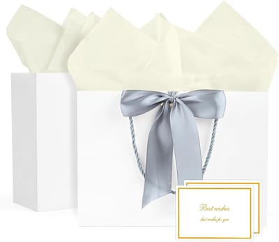 SnelShoppen - Gift bags 2 stuks met linten, 2 wenskaarten en 4 handdoekjes - Papieren cadeautasjes met handvat - Feestelijke tasjes voor verjaardag, b
