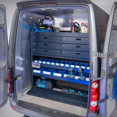 Datona® Bedrijfswageninrichting - Ladekast met 6 afsluitbare lades, legplank en opbergvak - Zwart