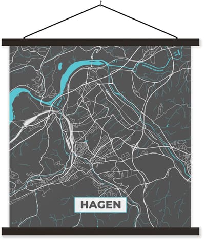 Posterhanger incl. Poster 60x60 cm - Schoolplaat - Duitsland – Blauw – Hagen – Stadskaart – Kaart – Plattegrond - Textielposter - Zwarte latten - Stadskaart