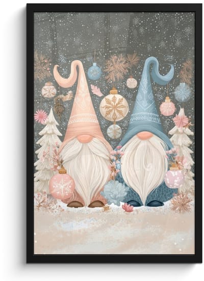 Poster in lijst - Fotolijst 40x60 cm - Posters - Kerst - Gnomen - Pastel - Posterlijst zwart - Decoratie - Wanddecoratie woonkamer - Muurdecoratie slaapkamer - Kerstversiering - Kerstdecoratie voor binnen - Kerstmis