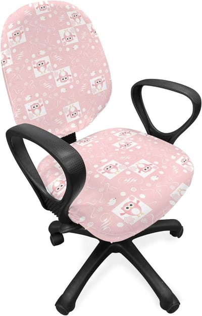 ABAKUHAUS Owls kantoorstoel met overtrek, roze Owls Birds bloemig, decoratieve beschermhoes van stretchstof, lichtroze wit