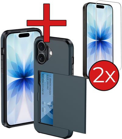 Hoesje Geschikt voor iPhone 17 Hoesje Met Pasjeshouder Hard Case Met Kaarthouder Met 2x Screenprotector - Hoes Geschikt voor iPhone 17 Hoesje Pashouder Case - Donkerblauw