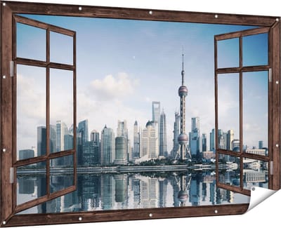 Gards Tuinposter Doorkijk Shanghai Skyline in China - 180x120 cm - Tuindoek - Tuindecoratie - Wanddecoratie buiten - Tuinschilderij