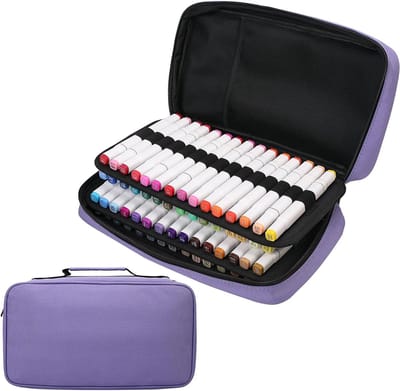 Organizer Pouch voor 60 Markers - Grote Pennenhouder met Opbergcapaciteit, Handvat en Paars Design, 13.5 x 7.5 x 3 cm, Perfect voor School en Creatieve Hobby's