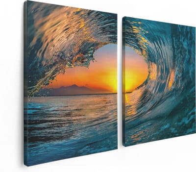 Artaza Canvas Schilderij Tweeluik Golf bij Zonsondergang - 120x80 - Foto Op Canvas - Canvas Print