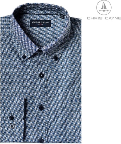 Chris Cayne heren overhemd lange mouw - borstzak - M - lichtblauw/kobalt/blauw - geprint dessin - 100 % Katoen - borstzak