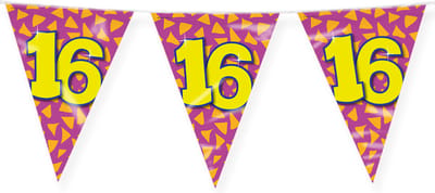 Vlaggenlijn 16 jaar - Vlaggetjes - Verjaardag - Sweet 16 - Versiering - Decoratie - Jongens - Meisjes - Folie - geel - paars - oranje