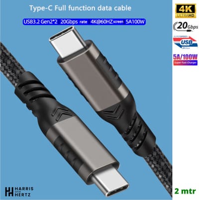 Harris and Hertz - USB C kabel met E-marker - 5A/100W - 2 Meter - Snellader - USB 3.2x2 - Oplaadkabel - 20Gbps - Gevlochten Nylon