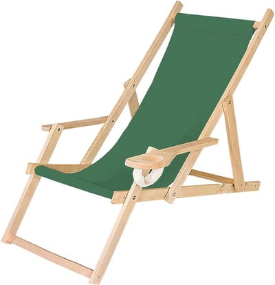 Vouwbare houten ligstoel met armleuning en bekerhouder, groene print
