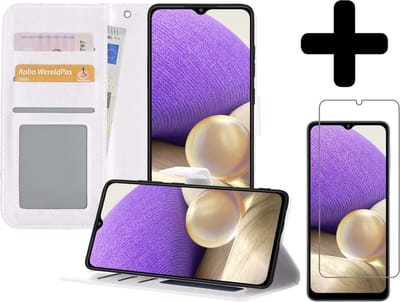 Hoesje - Met Screenprotector - Geschikt voor Samsung Galaxy A32 5G - Luxe Pasjeshouder - Bookcase Portemonee - Flip Case - Kunstleer Book Case - Flipcase - Book Cover - Walletcase - Portemonneehoes - Telefoonhoesjes - Wit