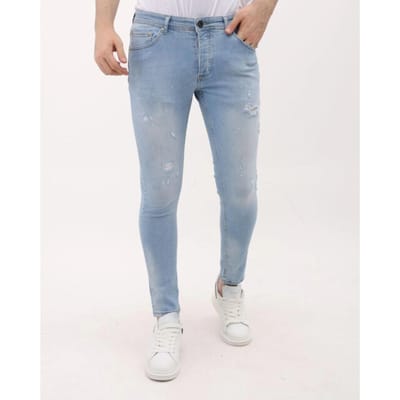 Slim Fit Stretch Heren Jeans met Paint en Gaten - Spijkerbroek Heren Volwassenen - Ripped Jeans Heren - MM-S-108 - Blauw