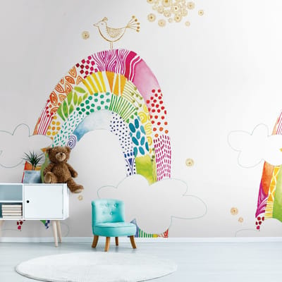 Fotobehang Profhome 392151-GU vliesbehang hardvinyl warmdruk in reliëf glad met kinder patroon mat wit zuurstokroze geel blauw 2,65 m x 2,8 m