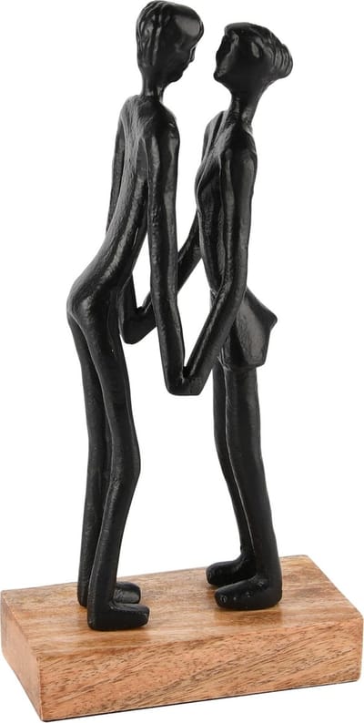 Dekoratief | Deco koppel kussend, zwart/naturel, metaal/hout, 13x7x25cm | A248426