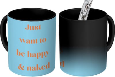 Magische Mok - Foto op Warmte Mokken - Koffiemok - Blauw - Oranje - Just want to be happy & naked - Magic Mok - Beker - 350 ML - Theemok