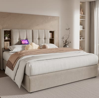 MIVRAY Gestoffeerd Bed 180x200 cm Zonder Matras - Tweepersoonsbed Met Draadloos Opladen En USB C - Met Opbergruimte - Linnen - Naturel
