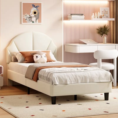 Kinderbed 90x190 Beige Velvet – Verstelbaar Hoofdbord & Lattenbodem – Fluwelen Kinderbed