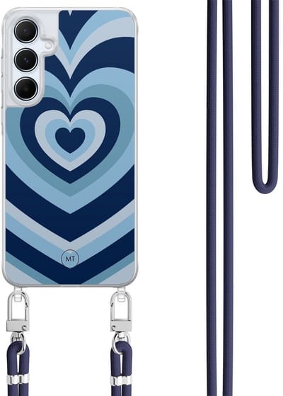 Hoesje met koord geschikt voor Samsung Galaxy A15 - Hart blauw - Inclusief Donkerblauw koord - Crossbody beschermhoes - Transparant, Blauw - Mooie Telefoonhoesjes