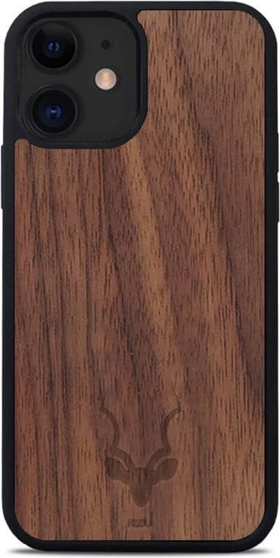 Kudu iPhone 12 MINI hoesje case - Houten backcover - Handgemaakt en afgewerkt met duurzaam TPU - Walnoot - Zwart